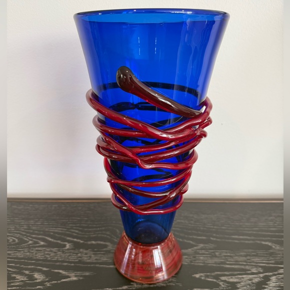 Art Deco Red Cobalt Blue Applied Glass Vase